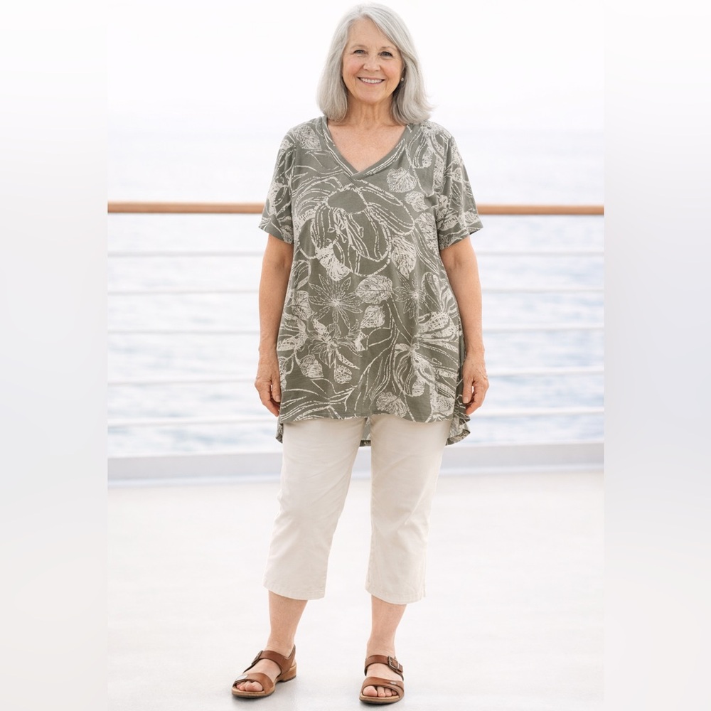 Soft Surroundings NWT Floral V-Neck Short Sleeve Top Resort Cruise Vacation Sz L
